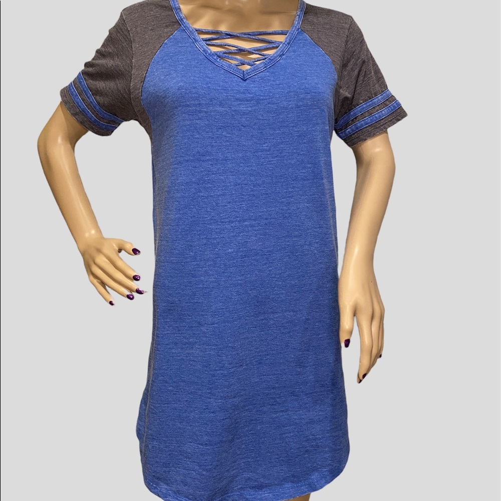 Exist Long Tee Sleepshirt Sleep Shirt Raglan Sleeves Blue/Charcoal Sz Large NWT